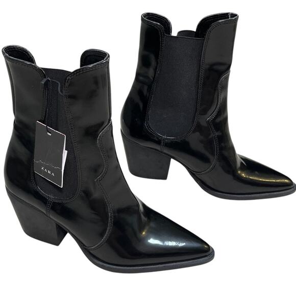 Zara Shoes - Zara Patent Vegan Leather Slip On Block Heeled Pointed Toe Boots Size 8 NWT